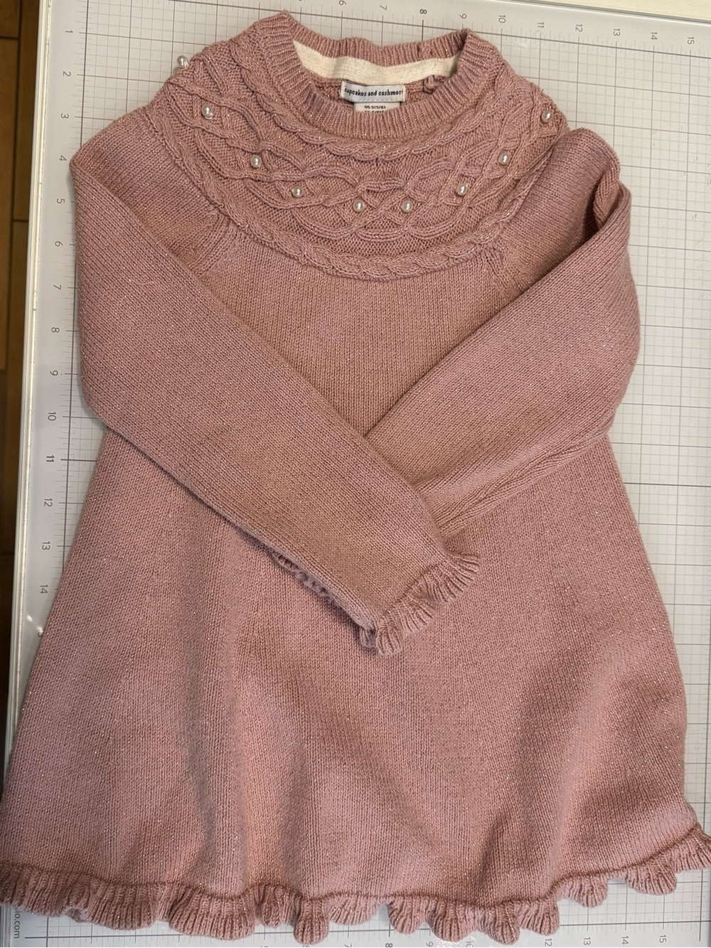 cupcakes & cashmere Girl’s Blush Cable-Knit Pearl-Accent Crewneck Sweater Dress